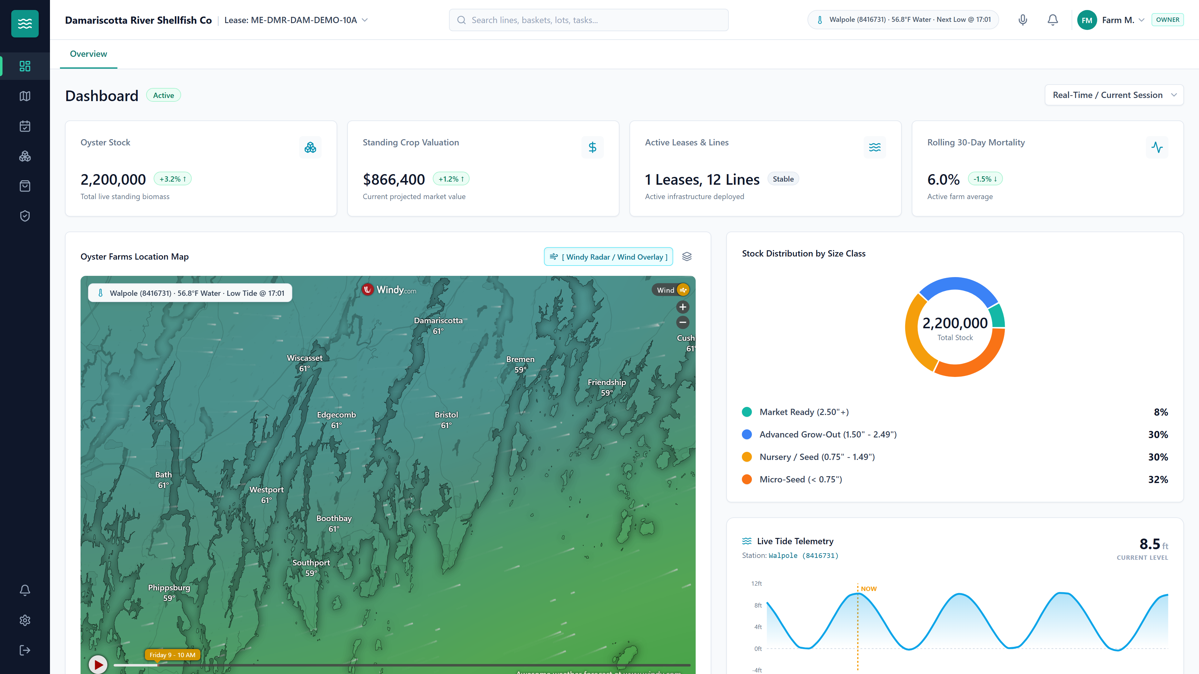 AquaManager Executive Farm Operations Dashboard with live oyster stock KPIs, standing valuation, and NOAA tide curves